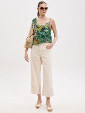 Max Mara green floral 100% silk ruffle cami blouse